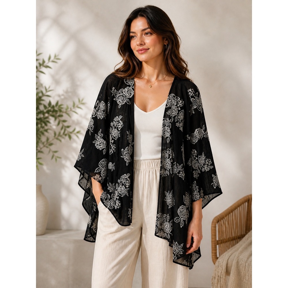 Whimsygoth Womens XL Black Floral‎ Embroidered Open Front Kimono Cardigan Top
